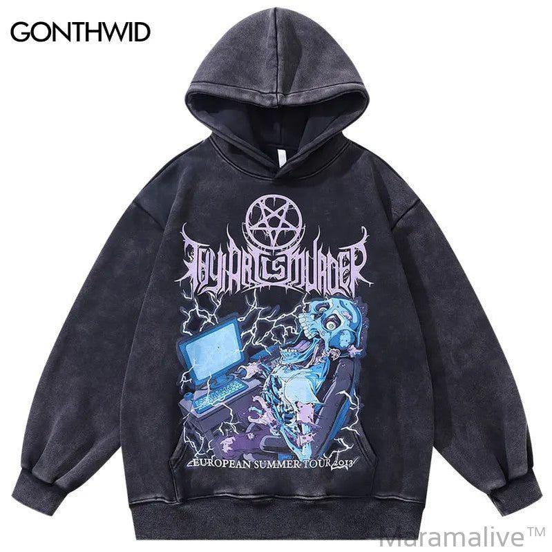 Vintage 420GSM Black Hoodie Streetwear Hip Hop Skull Skeleton Graphic Print Punk Goth Pullover 2023 Hooded Sweatshirt