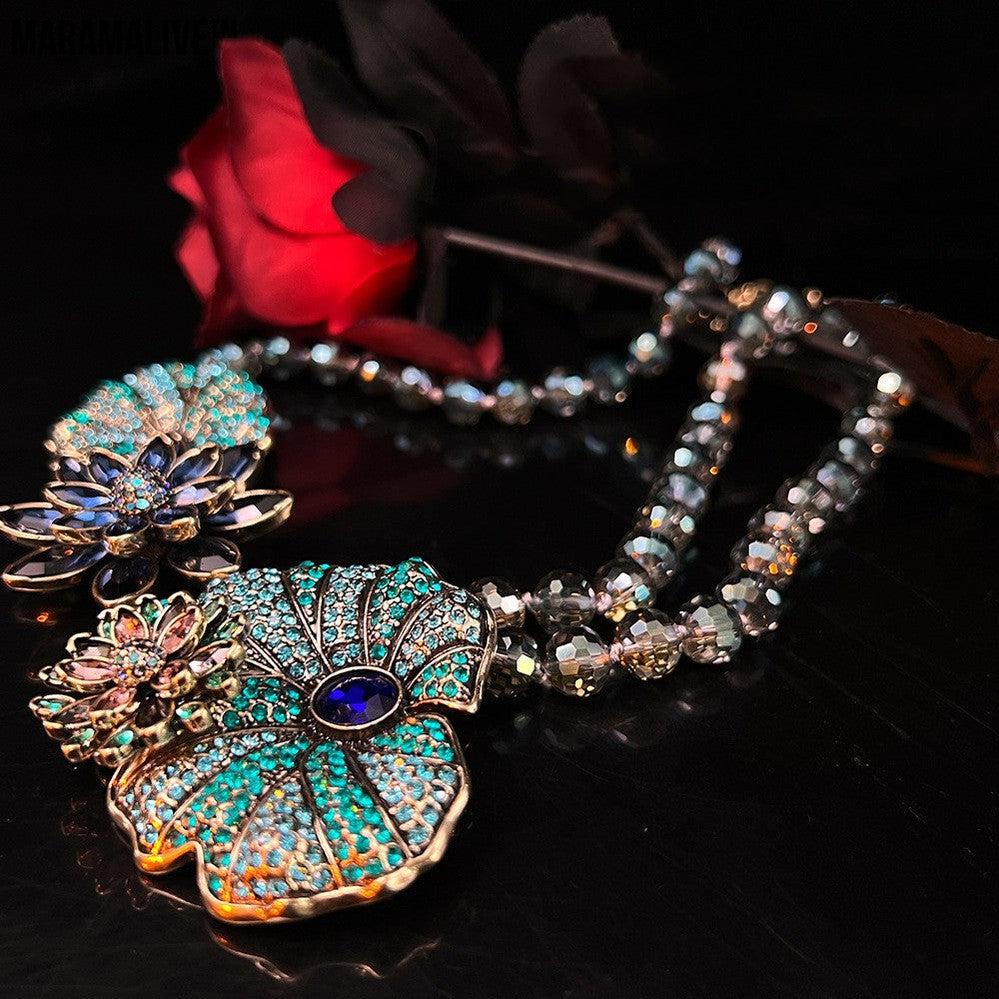 Vintage Antique Flower Necklace | Gem encrusted Flowers on Beaded Chain