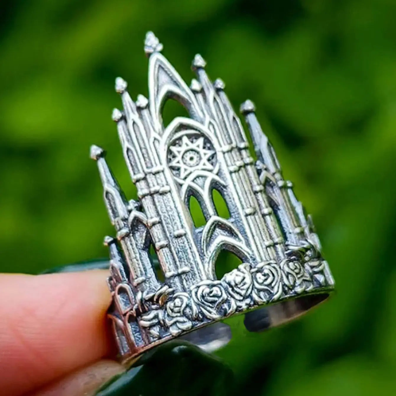 Vintage Castle Architecture Inspired Hollowed Geometry Gothic Silver Ring