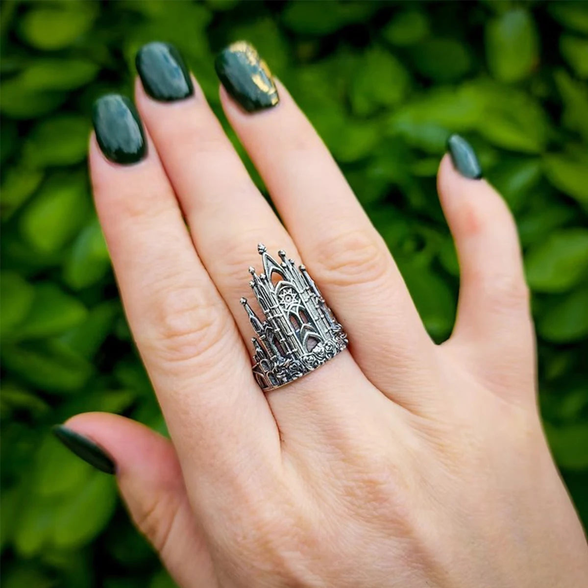 Vintage Castle Architecture Inspired Hollowed Geometry Gothic Silver Ring