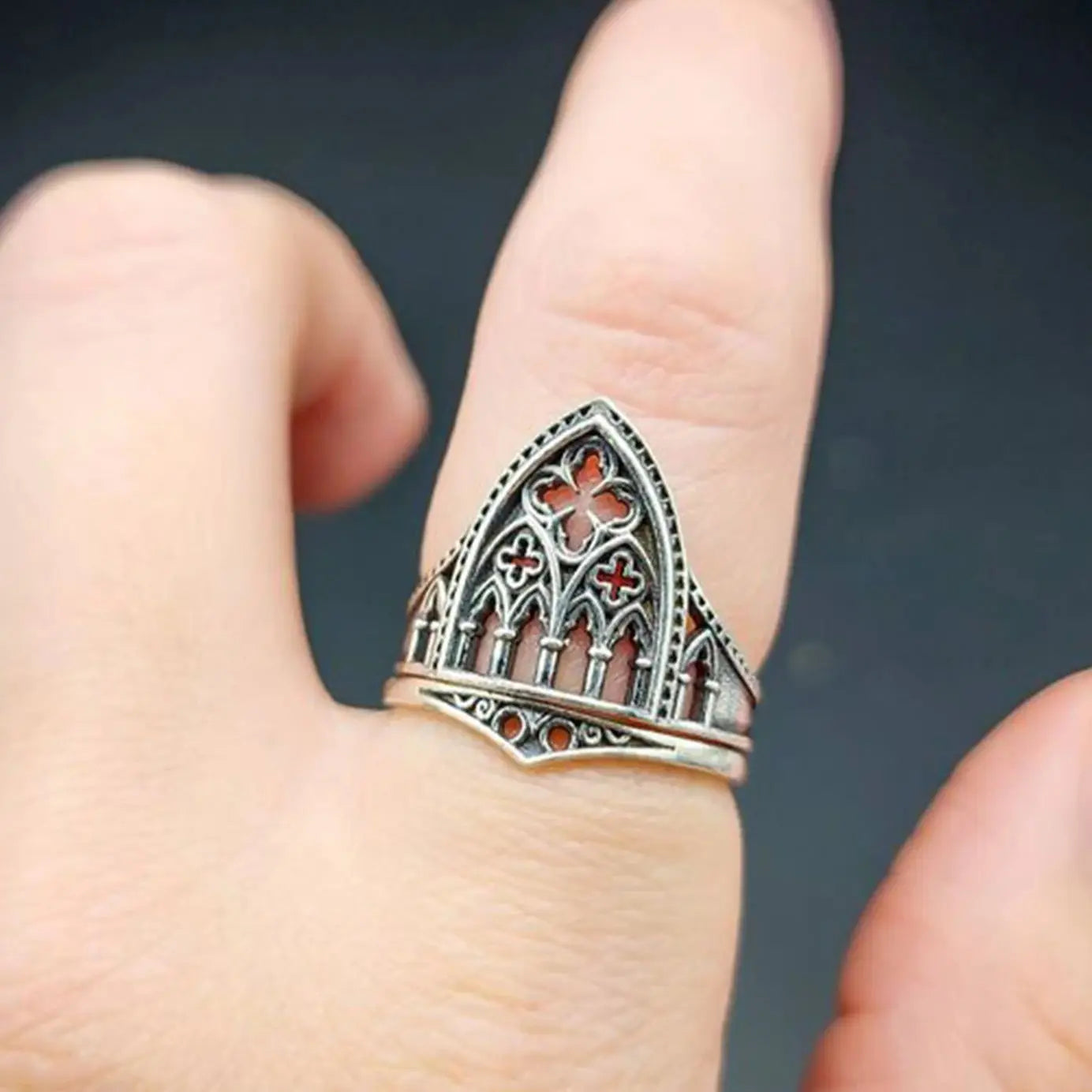 Vintage Castle-Inspired Silver Gothic Ring with Hollowed-Out Floral Geometry