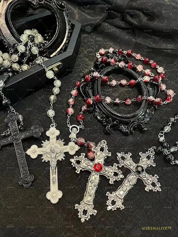 Vintage Fashion Gothic Style Lolita Crystal Cross Pendant Chain Rosary Dark Red Black Necklace