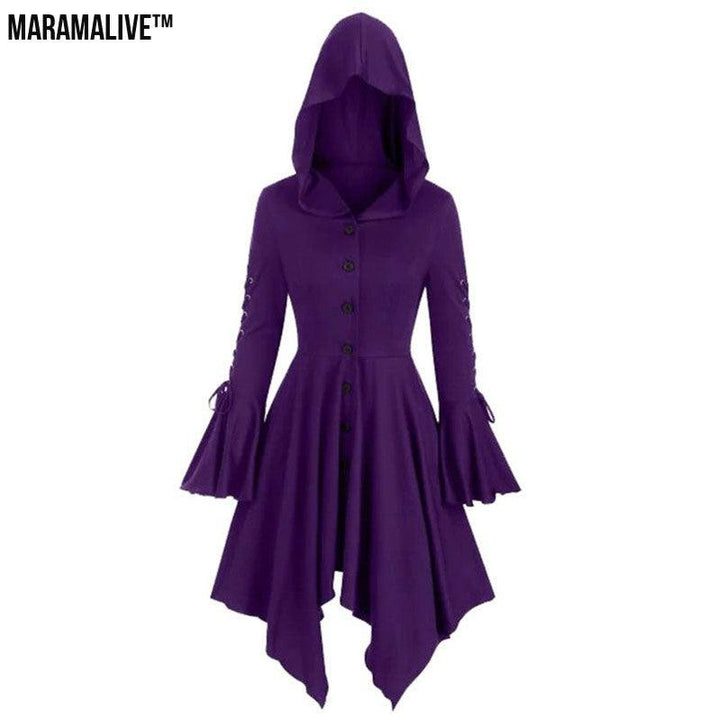 Vintage Female Gothic Hooded Dress Cloak Punk Witch Coat Lace Up Irregular Hem Lotus Sleeve