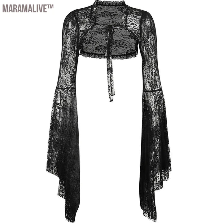 Vintage Gothic Black Lace T-shirt Women Streetwear Flare Sleeve See Through Sexy Smock Top Elegant Aesthetic Cropped Tops