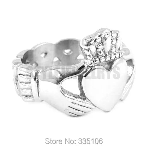 Vintage Gothic Irish Claddagh Stainless Steel Biker Ring - Heart, Hand, Crown Design - Unique Wedding Gift