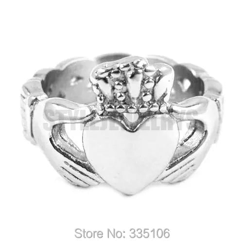 Vintage Gothic Irish Claddagh Stainless Steel Biker Ring - Heart, Hand, Crown Design - Unique Wedding Gift