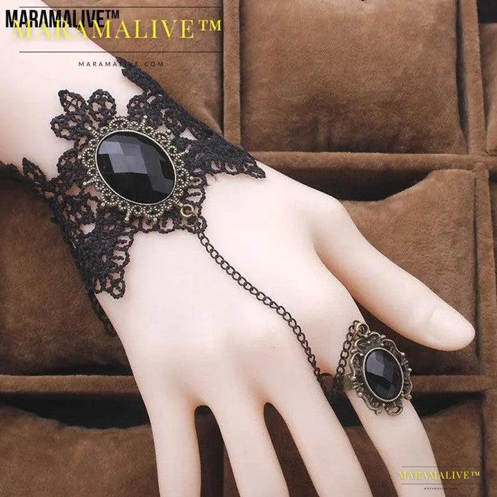 Vintage Gothic Lace Gem Bracelet - Steampunk, Wrist cuff and ring