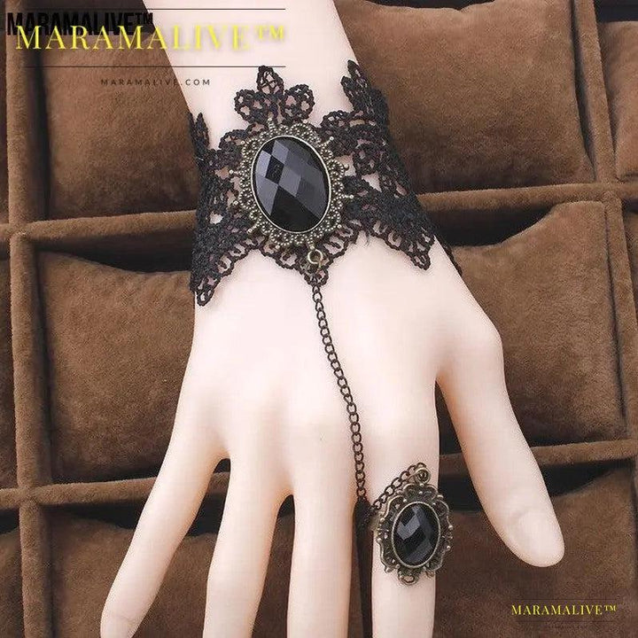 Vintage Gothic Lace Gem Bracelet - Steampunk, Wrist cuff and ring