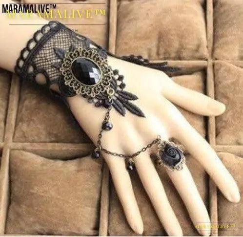 Vintage Gothic Lace Gem Bracelet - Steampunk, Wrist cuff and ring