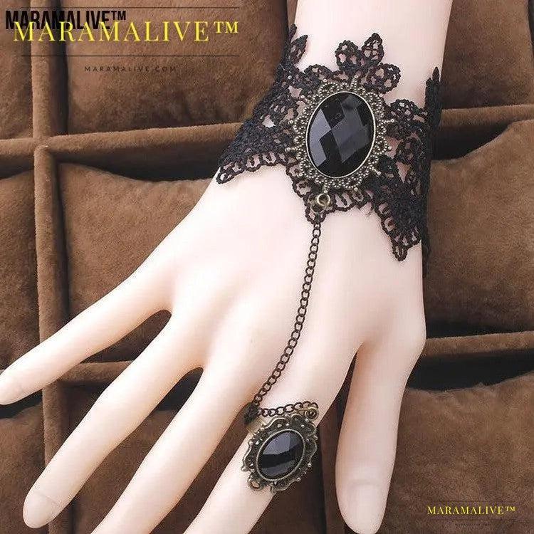 Vintage Gothic Lace Gem Bracelet - Steampunk, Wrist cuff and ring