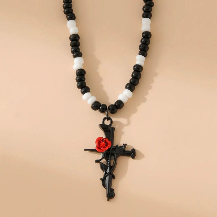 Vintage Gothic Punk Style Necklace with Ancient Rose Pendant and Beaded Chain