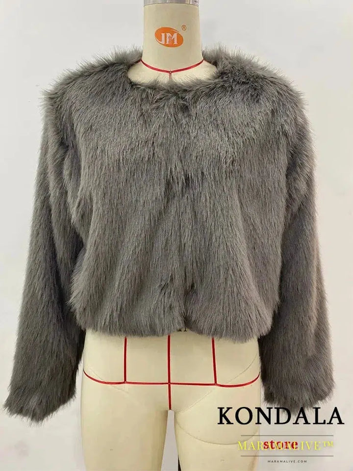 Vintage Gray Faux Fur Jackets Women O Neck Buttons Long Sleeve Coats Fashion 2024 Elegant Thick Outwears