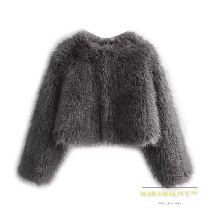 Vintage Gray Faux Fur Jackets Women O Neck Buttons Long Sleeve Coats Fashion 2024 Elegant Thick Outwears