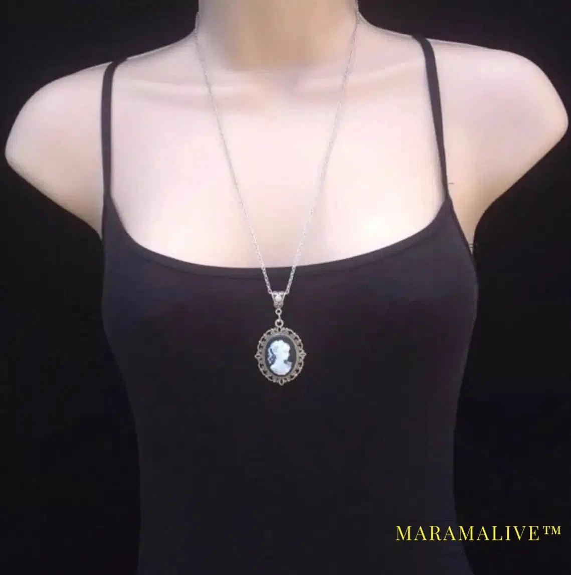 Vintage Lady Cameo Pendant Cabochon Black Necklace 18 inch chain Steampunk Woman Silver jewelry