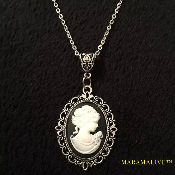 Vintage Lady Cameo Pendant Cabochon Black Necklace 18 inch chain Steampunk Woman Silver jewelry