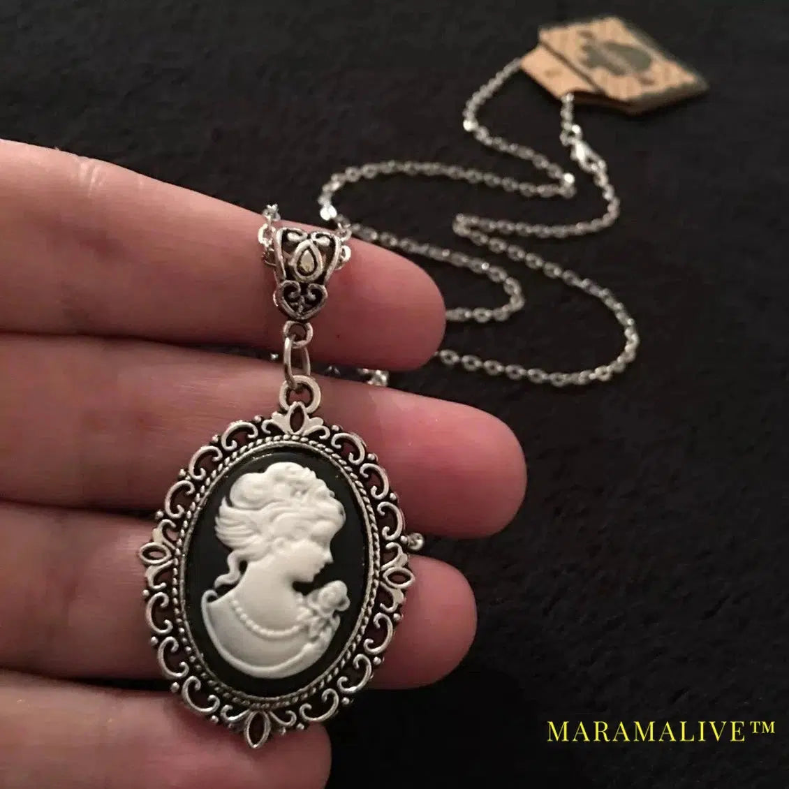 Vintage Lady Cameo Pendant Cabochon Black Necklace 18 inch chain Steampunk Woman Silver jewelry