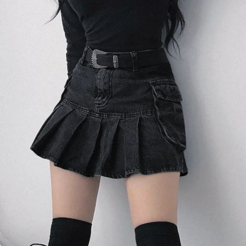 Vintage Pleated Denim Skirts Women Dark Fashion Skirts Goth Black High Waist Skirt 90s Pockets