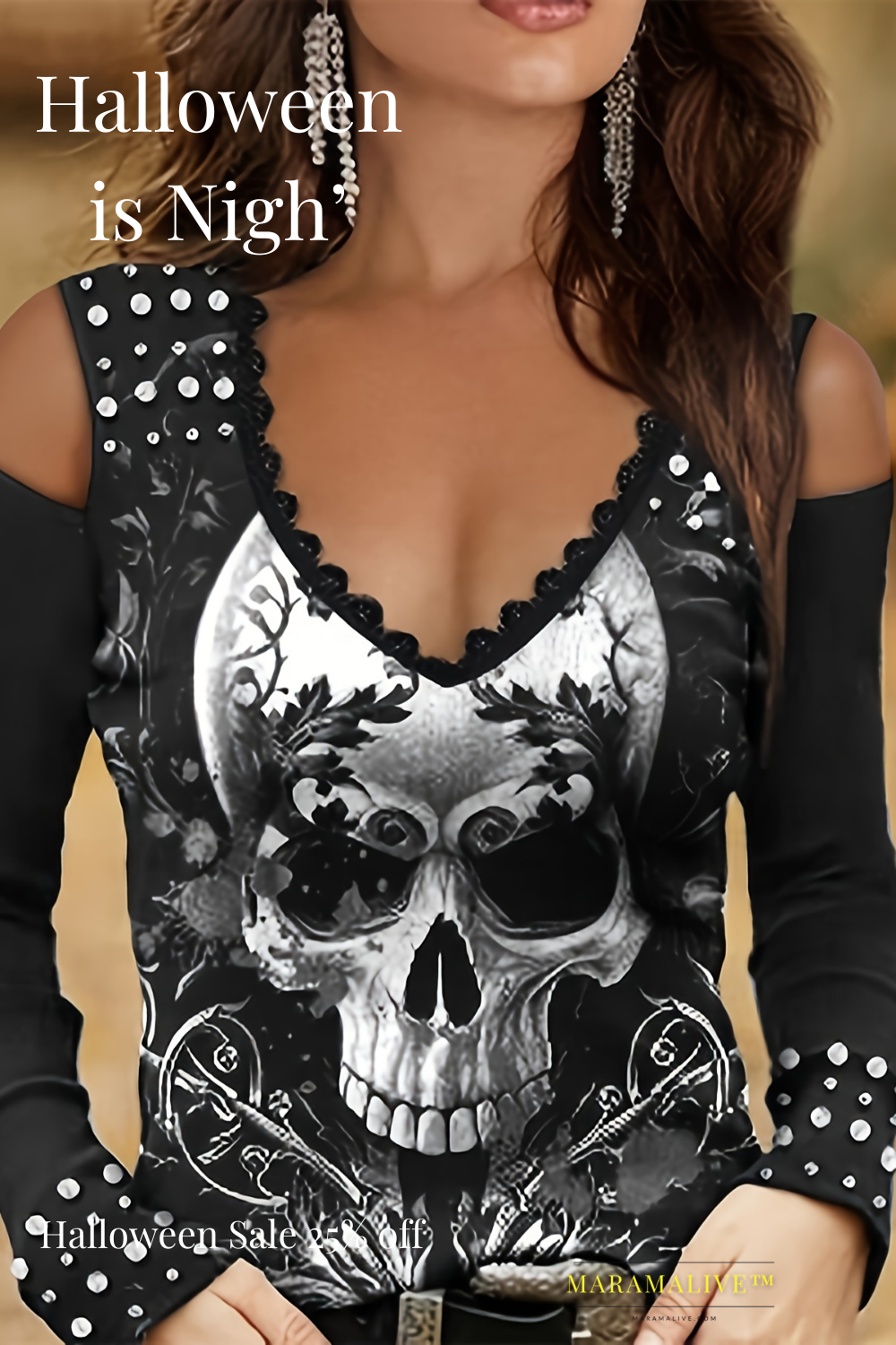 Vintage Skull Print Cold Shoulder T-Shirt, Long Sleeve T-Shirt for Women, Spring & Fall Fashion