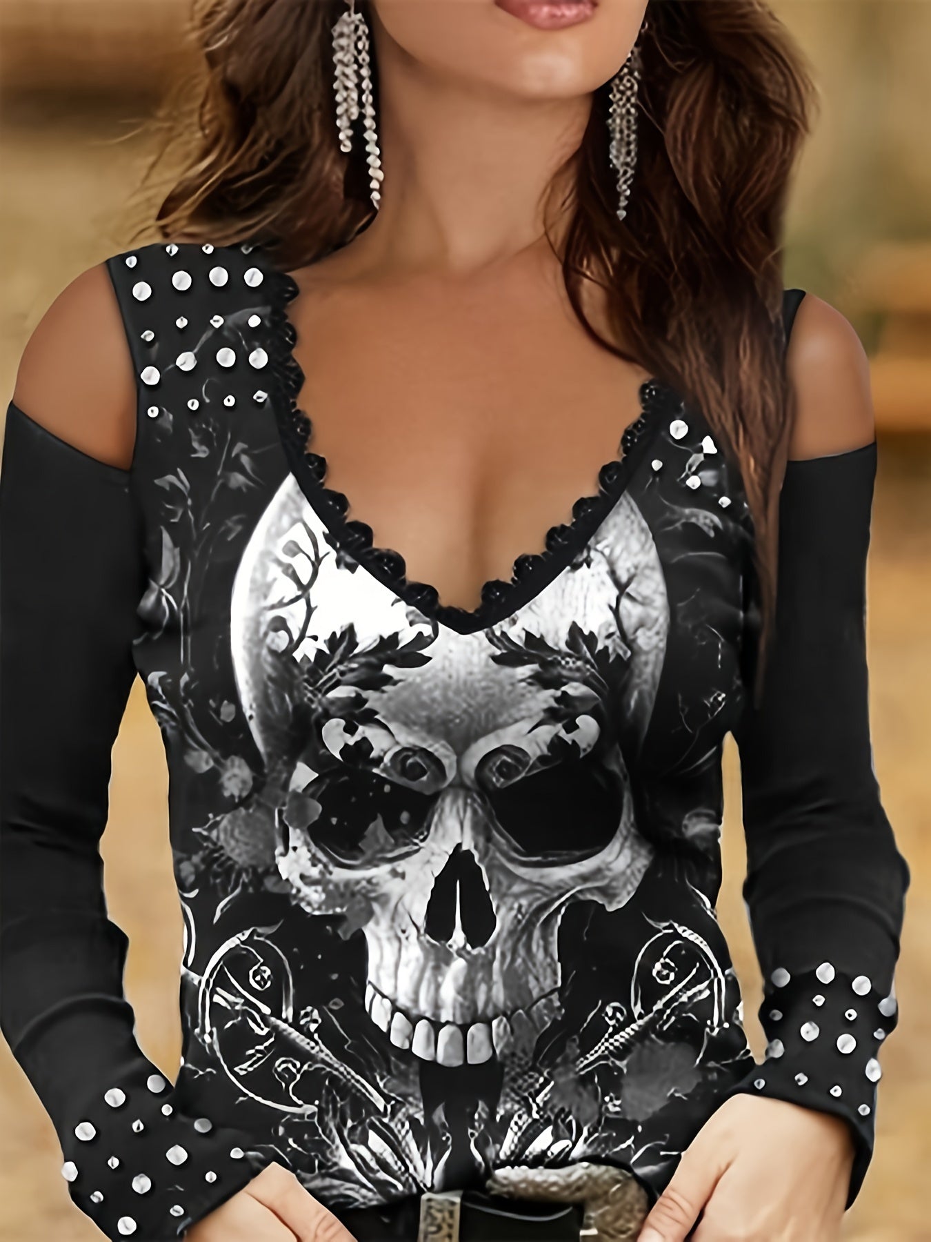 Vintage Skull Print Cold Shoulder T-Shirt, Long Sleeve T-Shirt for Women, Spring & Fall Fashion