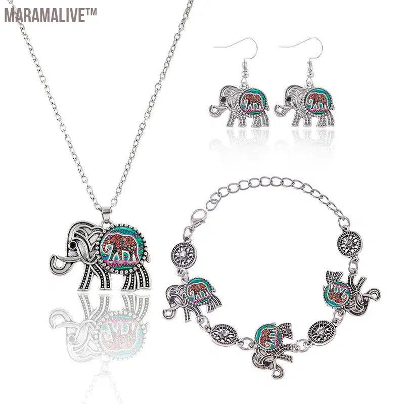 Vintage Small Elephant Jewelry Set Bohemian Ethnic Thai Silver Glass Necklace Earrings Bracelet Women Jewellery