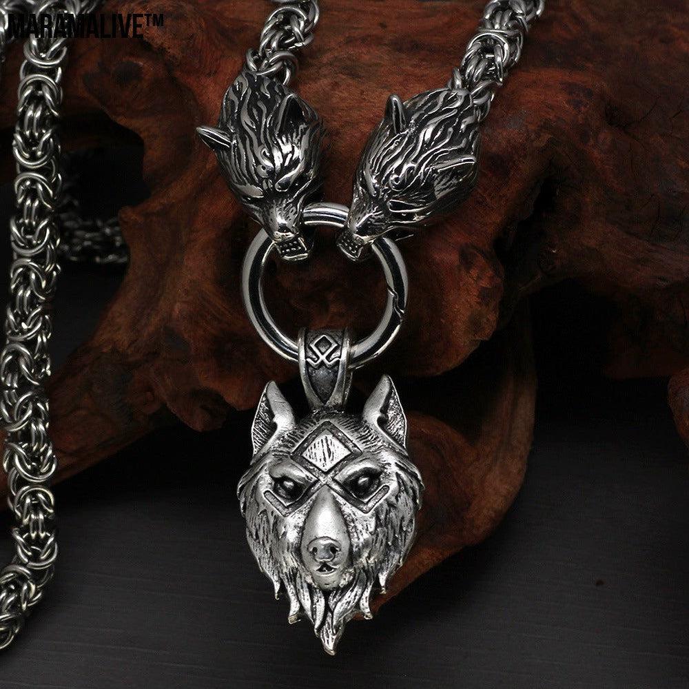 Vintage Square Chain Titanium Steel Pendant Wolf Head Necklace Men's Sweater Chain