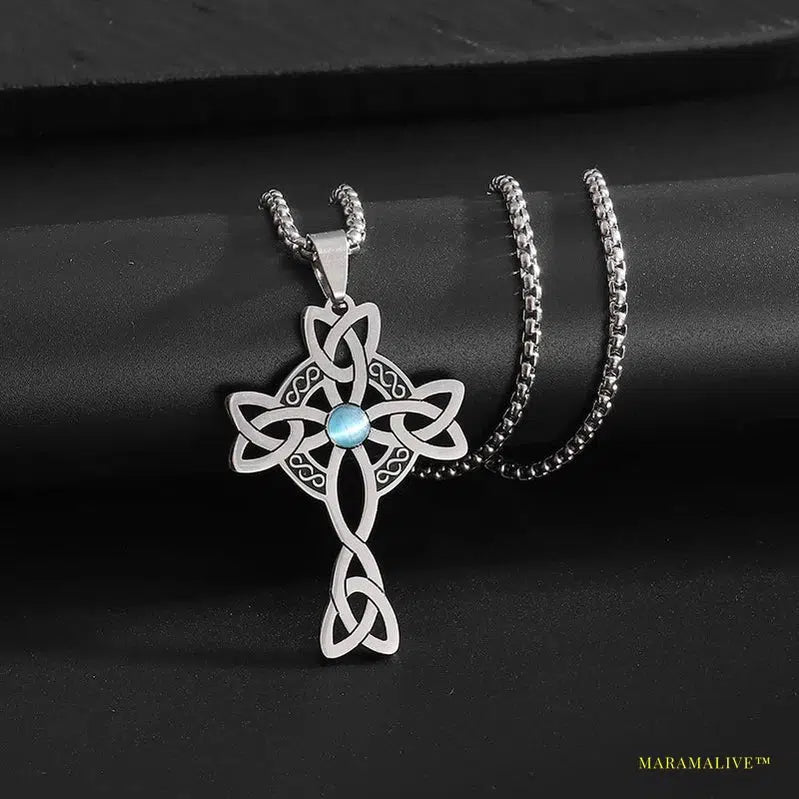 Vintage Stainless Steel Celtic Knot Cross Power Stone Pendant Necklace - Gothic Irish Witch Knot Lucky Collectible Jewelry