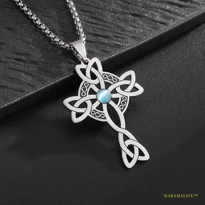 Vintage Stainless Steel Celtic Knot Cross Power Stone Pendant Necklace - Gothic Irish Witch Knot Lucky Collectible Jewelry