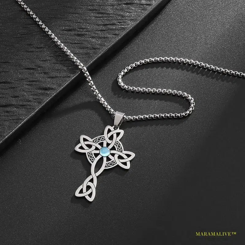 Vintage Stainless Steel Celtic Knot Cross Power Stone Pendant Necklace - Gothic Irish Witch Knot Lucky Collectible Jewelry