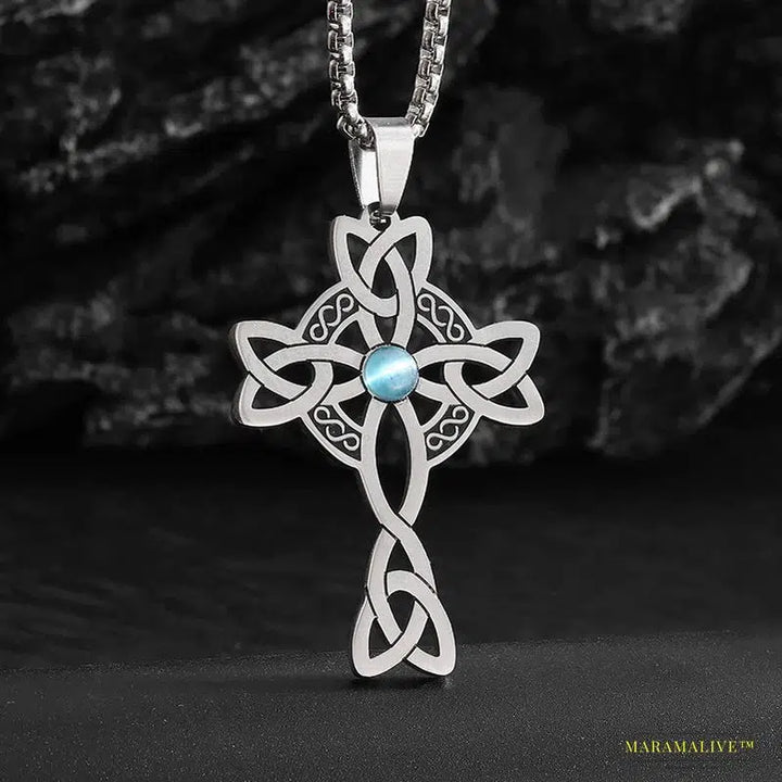 Vintage Stainless Steel Celtic Knot Cross Power Stone Pendant Necklace - Gothic Irish Witch Knot Lucky Collectible Jewelry