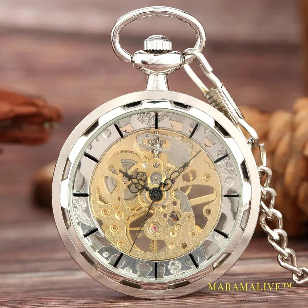 Vintage Watch Necklace Steampunk Skeleton Mechanical Fob Pocket Watch Clock Pendant Hand-winding Men Women Chain Gift