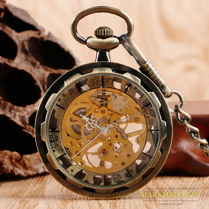 Vintage Watch Necklace Steampunk Skeleton Mechanical Fob Pocket Watch Clock Pendant Hand-winding Men Women Chain Gift