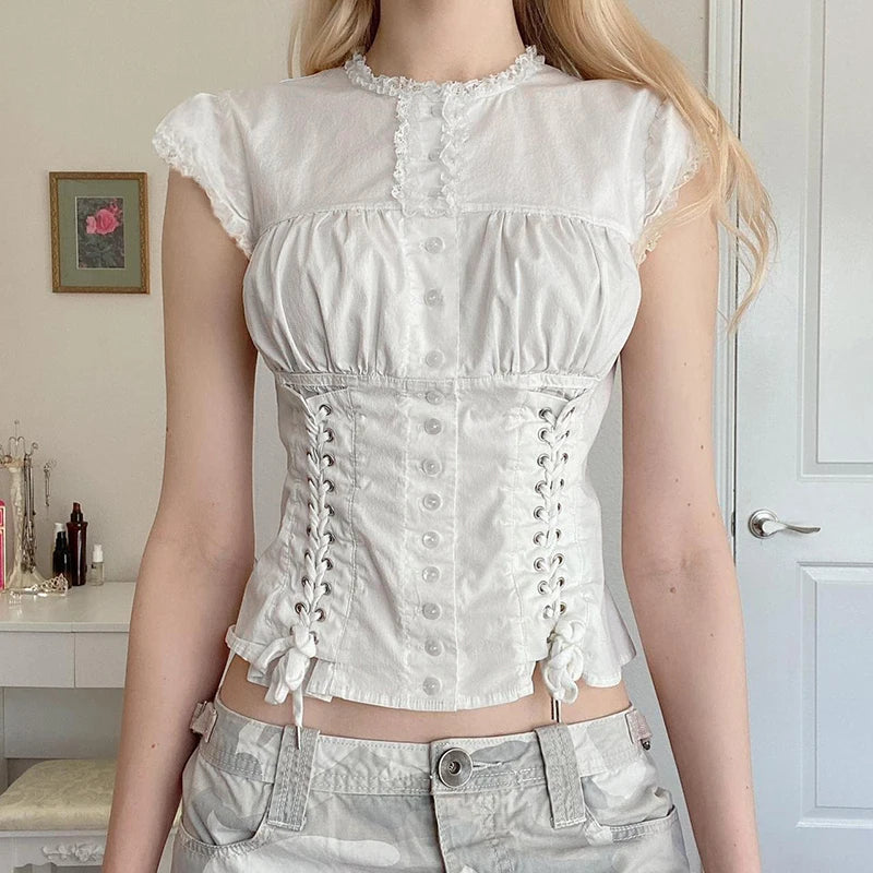 Vintage White Ruffle Trim Button Up Crop Top Tee - Goth Glam Chic Summer 90s Fashion