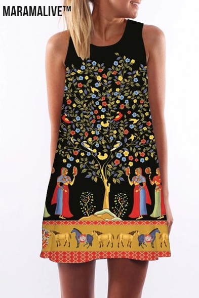 Vintage round neck digital print sleeveless dress women's clothing