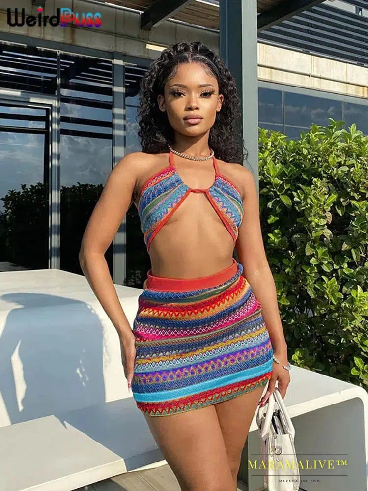 Wavy Print Elegant 2Piece Set Women Sexy Ethnography Camisole+Mini Skirts Summer Vacation Streetwear Matching Outfits