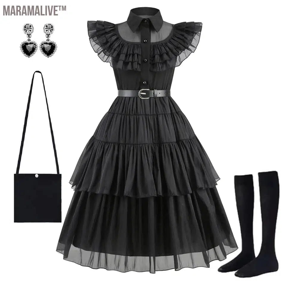 Wednesday Addams Black Dress Wednesday Cosplay Costume Outfits Kids Halloween Carnival Dancing Party Suit for Girls