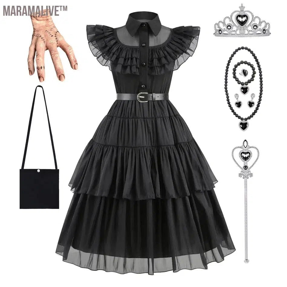 Wednesday Addams Black Dress Wednesday Cosplay Costume Outfits Kids Halloween Carnival Dancing Party Suit for Girls