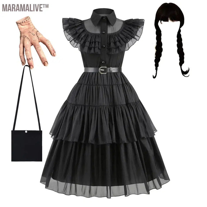 Wednesday Addams Black Dress Wednesday Cosplay Costume Outfits Kids Halloween Carnival Dancing Party Suit for Girls