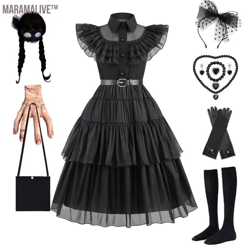 Wednesday Addams Black Dress Wednesday Cosplay Costume Outfits Kids Halloween Carnival Dancing Party Suit for Girls