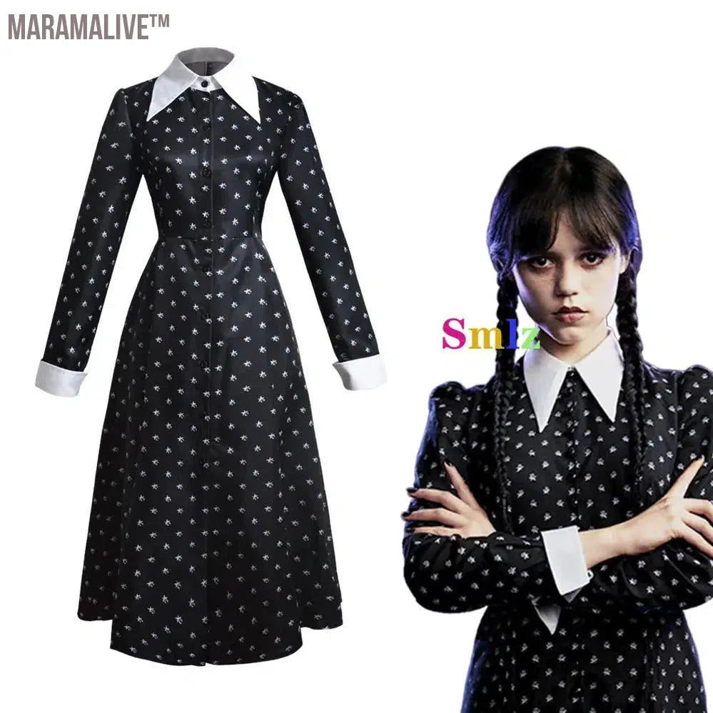 Wednesday Cosplay Anime Costume Dress Girl Adult Women Vintage Black Gothic Outfits Halloween Party Costume