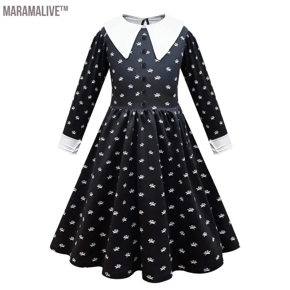 Wednesday Cosplay Black Dresses Addams Halloween Kids Dressup