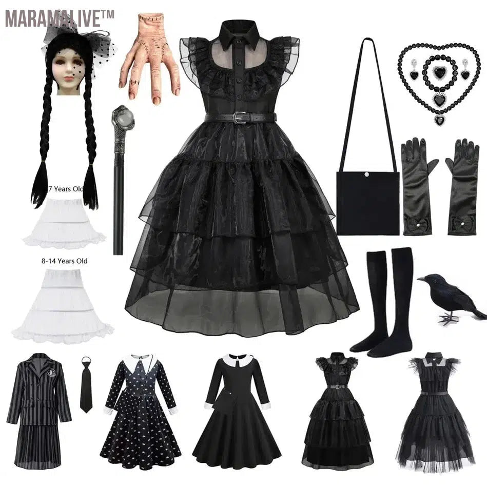 Wednesday Cosplay Black Dresses Addams Halloween Kids Dressup