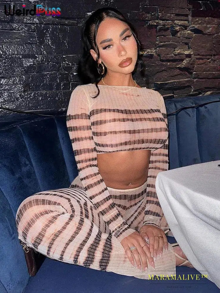 Weird Puss Sexy See Through 2Piece Set Women Striped Skinny Stretch o-Neck Long Sleeve Crop Tops+Pants Matching Clubwear Outfits