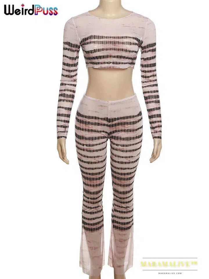 Weird Puss Sexy See Through 2Piece Set Women Striped Skinny Stretch o-Neck Long Sleeve Crop Tops+Pants Matching Clubwear Outfits