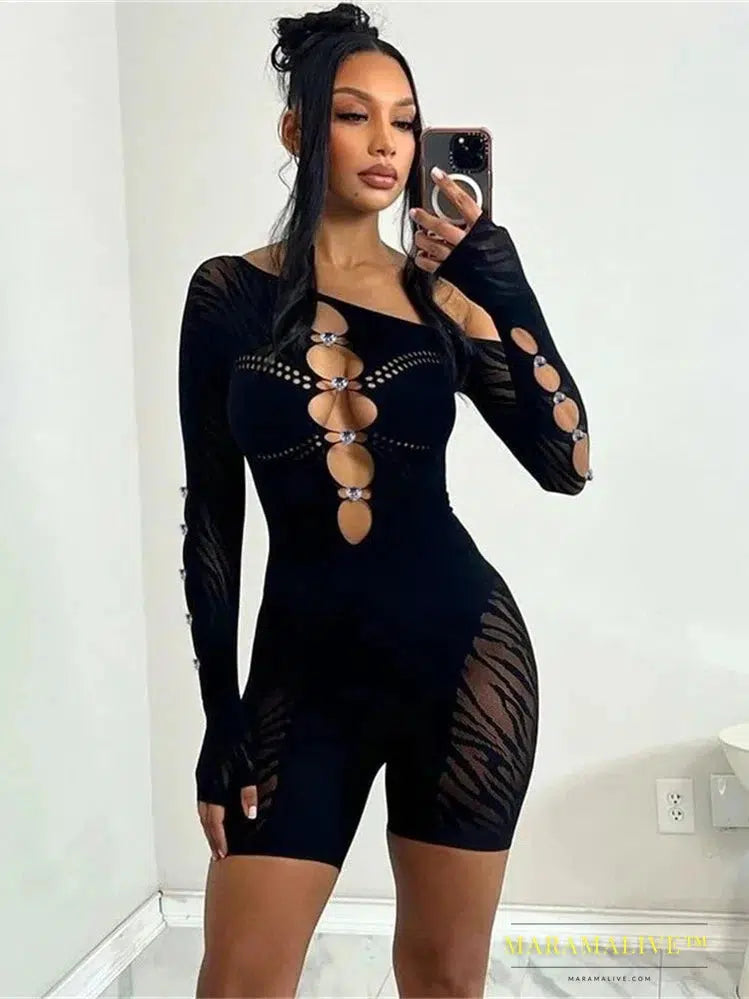 Weird Puss Skew Collar Women Bodysuit Rhinestone Irregular Hollow Body-Shaping One Pieces Coquette Hottie Midnight Partywear