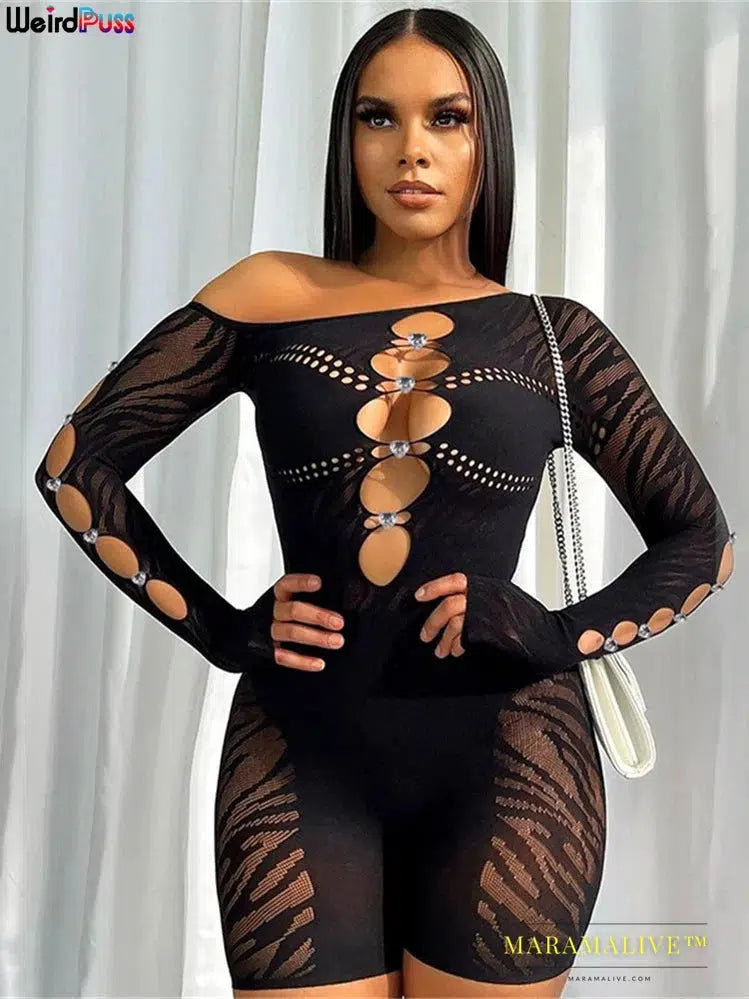 Weird Puss Skew Collar Women Bodysuit Rhinestone Irregular Hollow Body-Shaping One Pieces Coquette Hottie Midnight Partywear