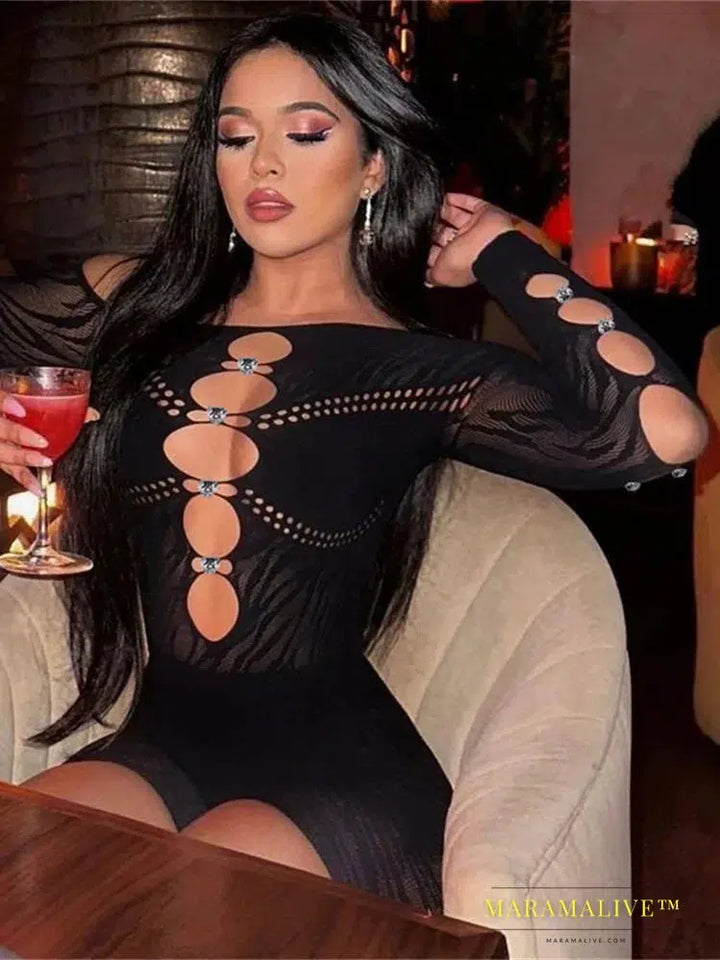 Weird Puss Skew Collar Women Bodysuit Rhinestone Irregular Hollow Body-Shaping One Pieces Coquette Hottie Midnight Partywear