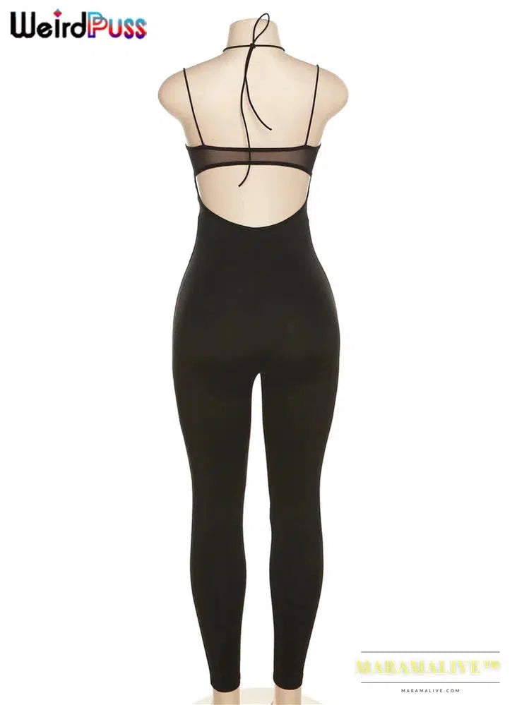 Weird Puss Strap Hollow Jumpsuit Women 2023 Summer Sexy Mesh Patchwork Backless Bandage Activity Streetwear Workout Overalls