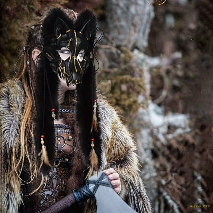 Wendigo & Viking Wolf Masquerade Mask with Faux Fur Feathers - Perfect for Halloween, Carnivals, and Cosplay Parties