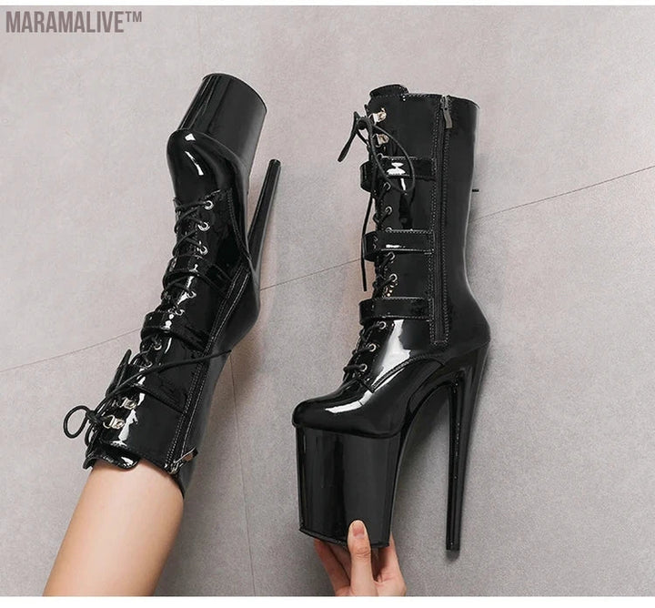 White Fashionable Women's Ankle Boots with Round Toe Side Zip Short Boots for Pole Dance Platform Heels Three Belt Buckle