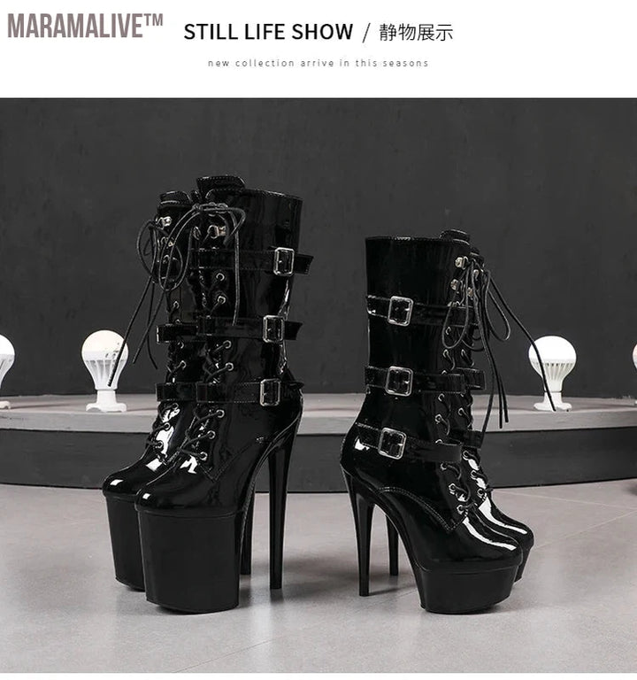 White Fashionable Women's Ankle Boots with Round Toe Side Zip Short Boots for Pole Dance Platform Heels Three Belt Buckle